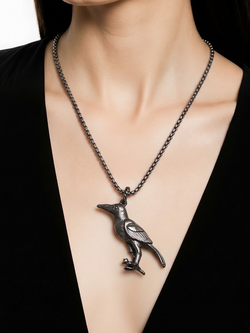 Gothic Nordic Black Raven Skeleton Pendant Necklace 24” Stainless Steel Fantasy